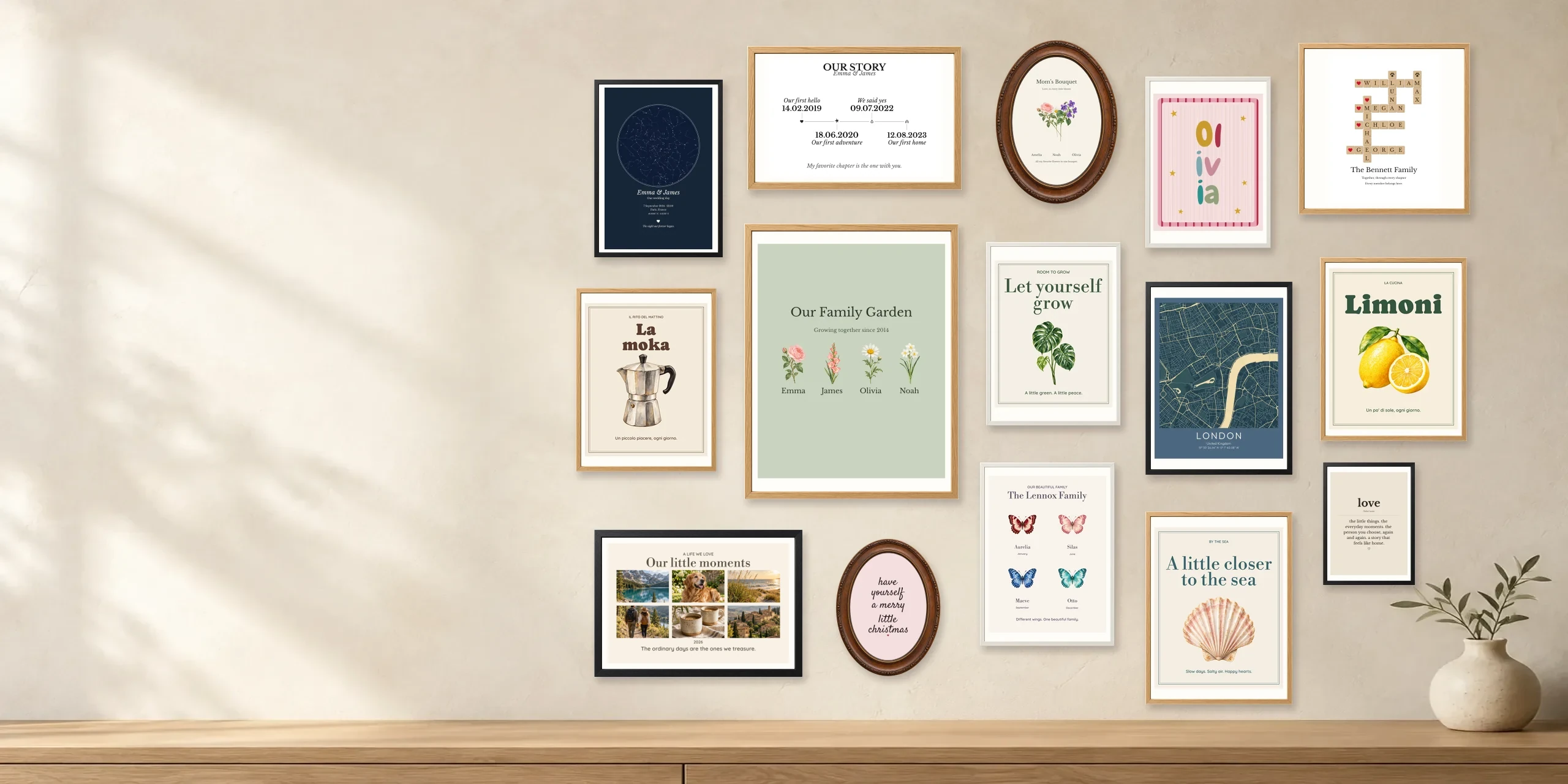 A gallery wall of real GIFSI star maps, family gardens, photo collages, quotes, botanical artwork and nursery prints in different sizes, with oak, black, white and oval walnut frames.